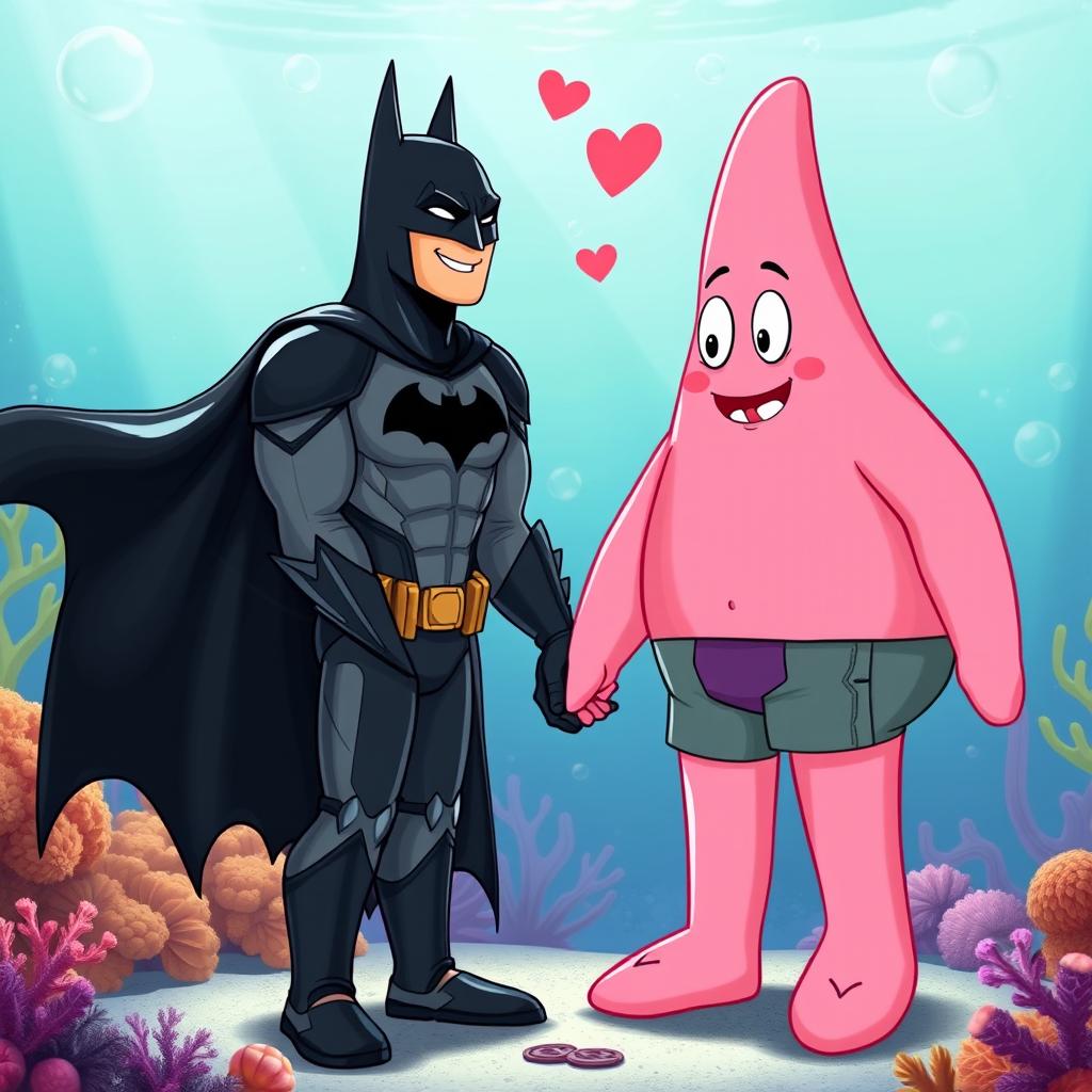 A playful and affectionate scene featuring Batman and Patrick Star as love partners