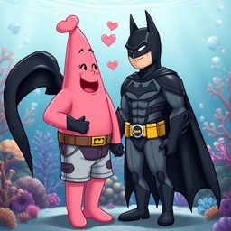 A playful and affectionate scene featuring Batman and Patrick Star as love partners