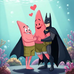 A playful and affectionate scene featuring Batman and Patrick Star as love partners