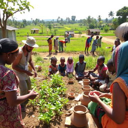 An engaging and educational scene in Cambuga, where foreign instructors are actively teaching the locals innovative farming, crafting, and building techniques