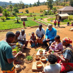 An engaging and educational scene in Cambuga, where foreign instructors are actively teaching the locals innovative farming, crafting, and building techniques