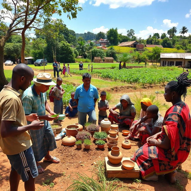 An engaging and educational scene in Cambuga, where foreign instructors are actively teaching the locals innovative farming, crafting, and building techniques