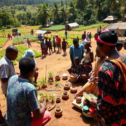 An engaging and educational scene in Cambuga, where foreign instructors are actively teaching the locals innovative farming, crafting, and building techniques