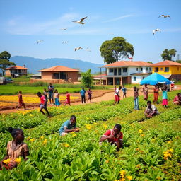 A vibrant and dynamic scene showcasing the gradual development of Cambuga as its people acquire new skills