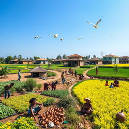 A vibrant and dynamic scene showcasing the gradual development of Cambuga as its people acquire new skills