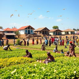 A vibrant and dynamic scene showcasing the gradual development of Cambuga as its people acquire new skills