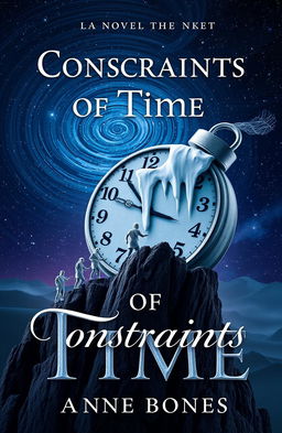 A thought-provoking book cover for a novel titled 'Constraints of Time', featuring a surreal landscape merging elements of time and space