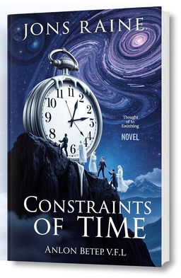 A thought-provoking book cover for a novel titled 'Constraints of Time', featuring a surreal landscape merging elements of time and space