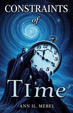 A thought-provoking book cover for a novel titled 'Constraints of Time', featuring a surreal landscape merging elements of time and space