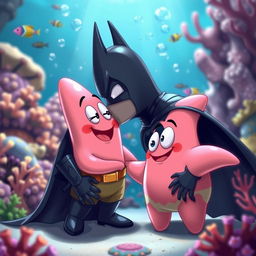 A tender and heartfelt scene capturing Batman kissing Patrick Star