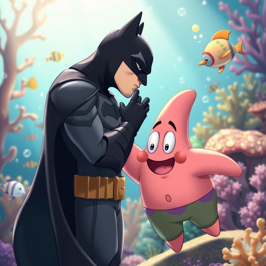 A tender and heartfelt scene capturing Batman kissing Patrick Star