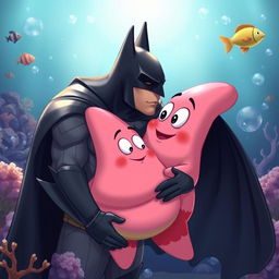 A tender and heartfelt scene capturing Batman kissing Patrick Star