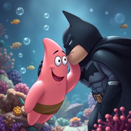 A tender and heartfelt scene capturing Batman kissing Patrick Star