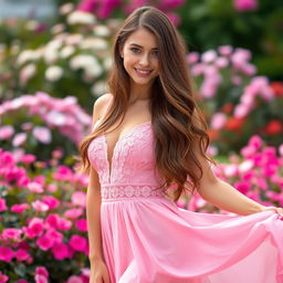 An awesome girl with long, flowing brown hair, wearing an elegant open pink dress that accentuates her curves