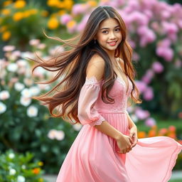 An awesome girl with long, flowing brown hair, wearing an elegant open pink dress that accentuates her curves