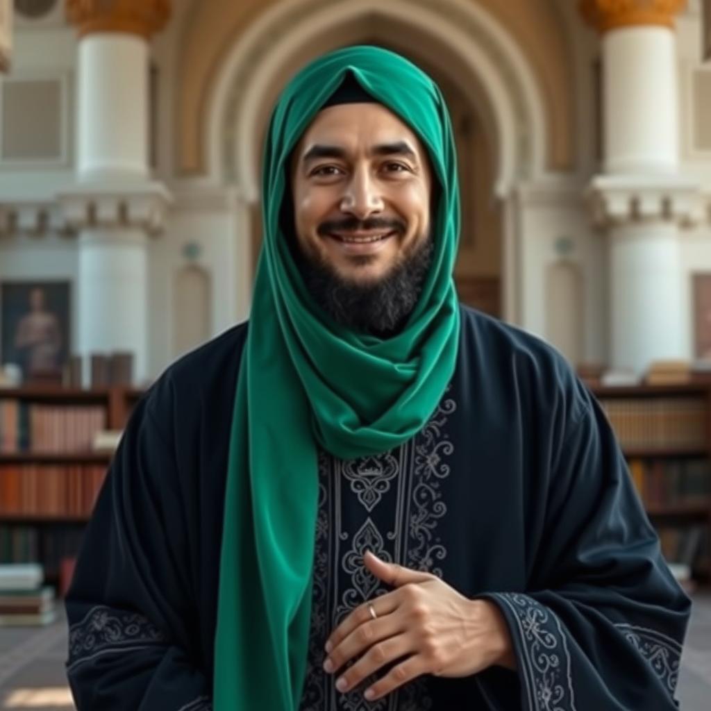An Islamic scholar wearing a flowing black abaya adorned with intricate detailing, complemented by a vibrant green headscarf