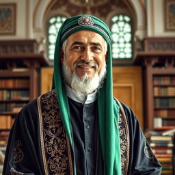 An Islamic scholar wearing a flowing black abaya adorned with intricate detailing, complemented by a vibrant green headscarf