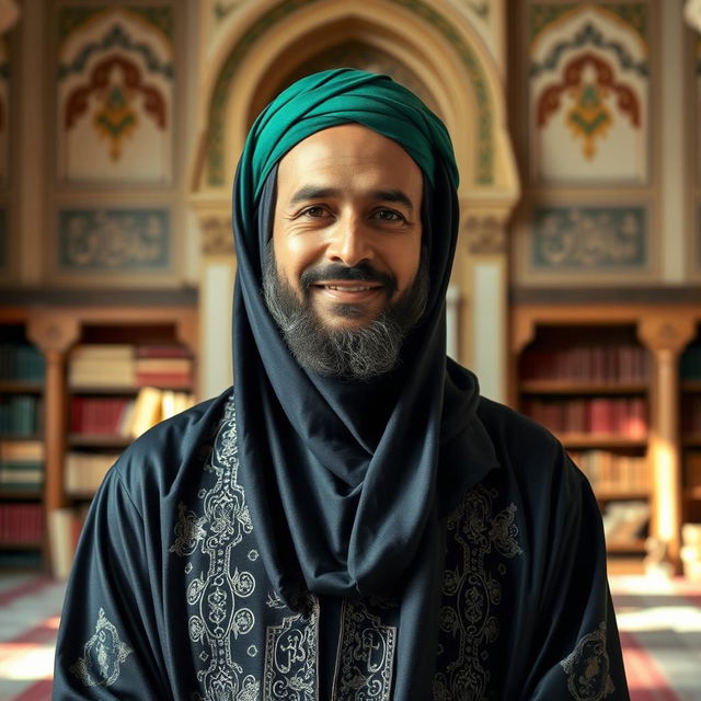 An Islamic scholar wearing a flowing black abaya adorned with intricate detailing, complemented by a vibrant green headscarf
