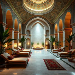 A luxurious spa hall featuring exquisite Iranian architecture, showcasing intricate tile work, arches, and traditional motifs