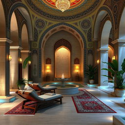 A luxurious spa hall featuring exquisite Iranian architecture, showcasing intricate tile work, arches, and traditional motifs