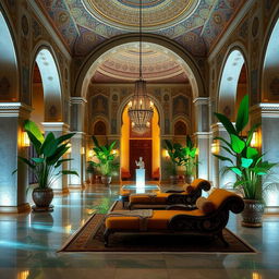A luxurious spa hall featuring exquisite Iranian architecture, showcasing intricate tile work, arches, and traditional motifs