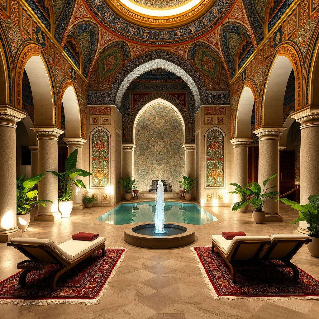 A luxurious spa hall featuring exquisite Iranian architecture, showcasing intricate tile work, arches, and traditional motifs