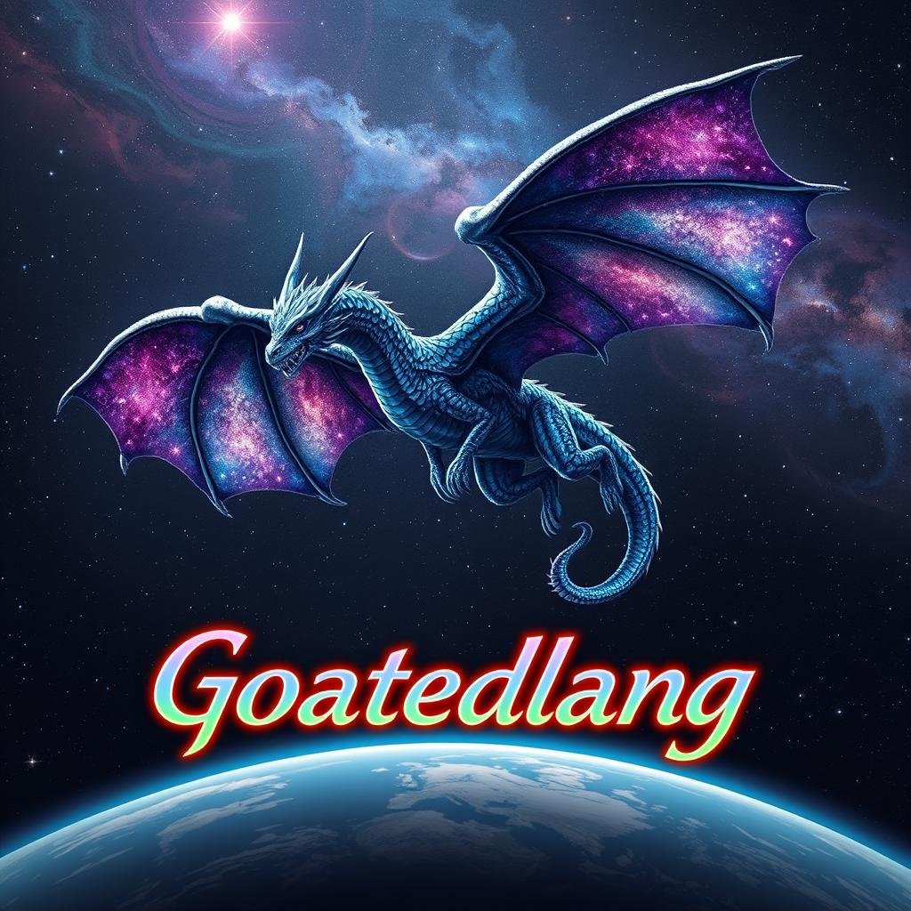 A magnificent space dragon soaring through a star-studded galaxy, its scales shimmering in various hues of blue and purple, reflecting the cosmic lights around it