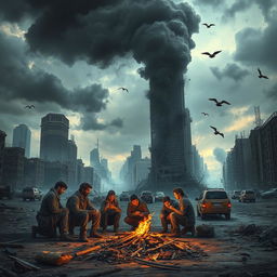A dystopian scene depicting the aftermath of World War III, showcasing a ruined cityscape with crumbling skyscrapers, destroyed vehicles, and abandoned streets littered with debris