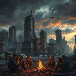 A dystopian scene depicting the aftermath of World War III, showcasing a ruined cityscape with crumbling skyscrapers, destroyed vehicles, and abandoned streets littered with debris