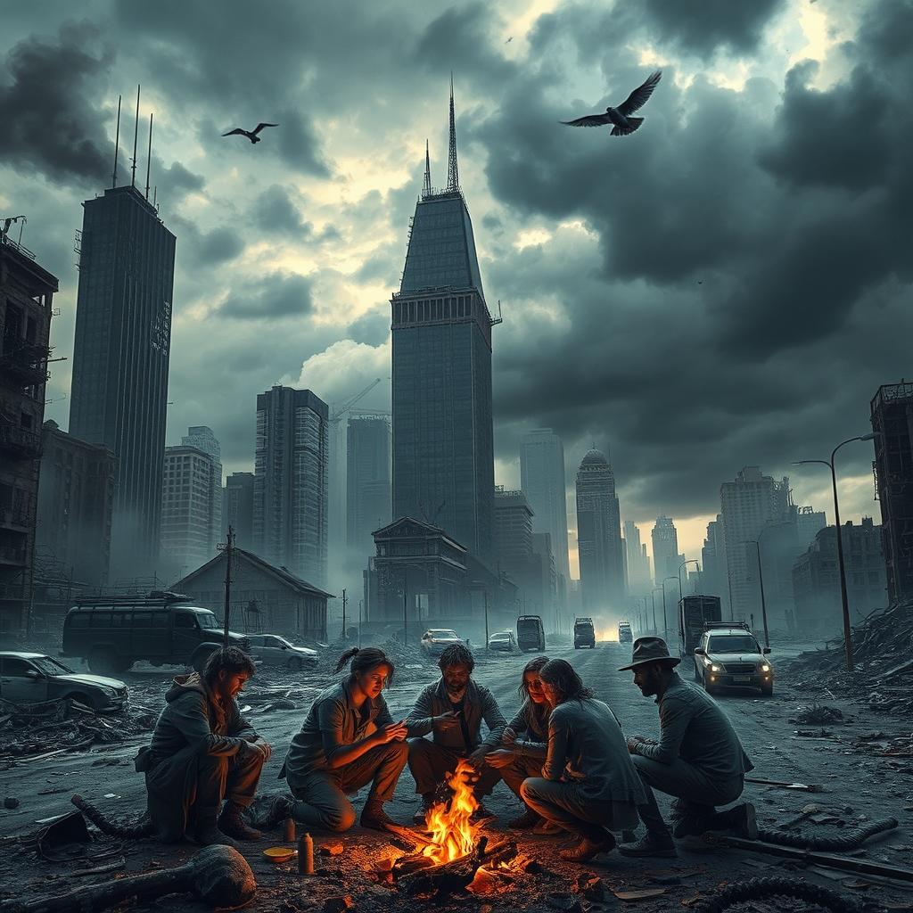 A dystopian scene depicting the aftermath of World War III, showcasing a ruined cityscape with crumbling skyscrapers, destroyed vehicles, and abandoned streets littered with debris