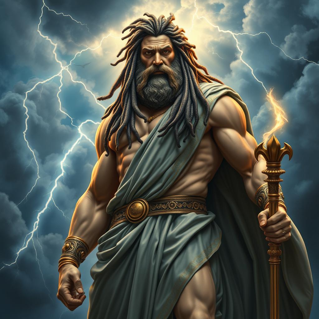 An imposing figure representing Jupiter, the Roman god of thunder