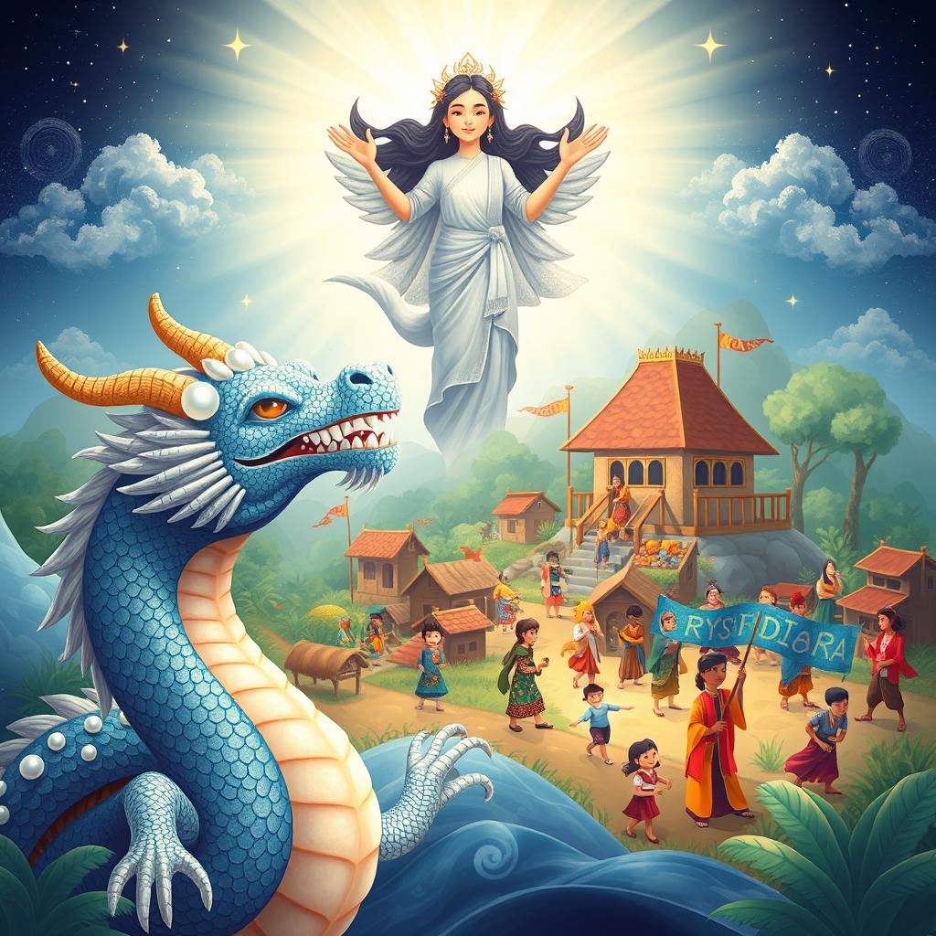 An inspiring illustration depicting the story of Haring Bakunawa and Reyna Bulan, symbolizing the importance of unity, perseverance, and love for the nation
