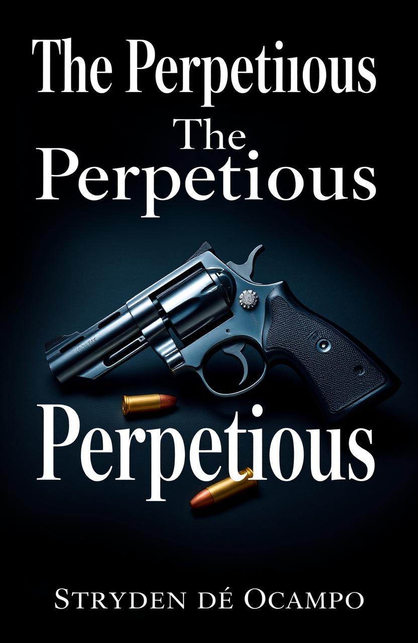 A book cover design for 'The Perpetuous' by Stryden de Ocampo, featuring a beautifully rendered vintage revolver placed prominently in the center
