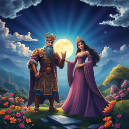 A vibrant and mystical scene depicting King Baku and Queen Bulan standing proudly on a scenic landscape, symbolizing unity, perseverance, and love for their kingdom
