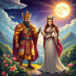 A vibrant and mystical scene depicting King Baku and Queen Bulan standing proudly on a scenic landscape, symbolizing unity, perseverance, and love for their kingdom
