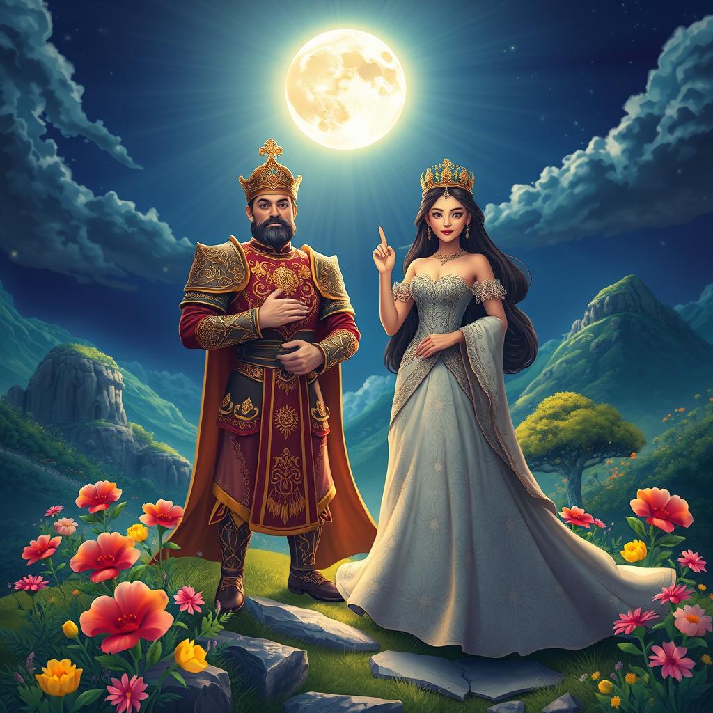 A vibrant and mystical scene depicting King Baku and Queen Bulan standing proudly on a scenic landscape, symbolizing unity, perseverance, and love for their kingdom