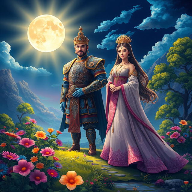 A vibrant and mystical scene depicting King Baku and Queen Bulan standing proudly on a scenic landscape, symbolizing unity, perseverance, and love for their kingdom