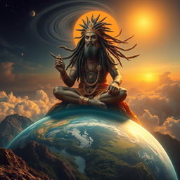 An ancient god with long, flowing dreadlocks, radiating an aura of power and wisdom, sits majestically above the Earth