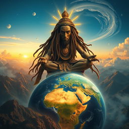 An ancient god with long, flowing dreadlocks, radiating an aura of power and wisdom, sits majestically above the Earth