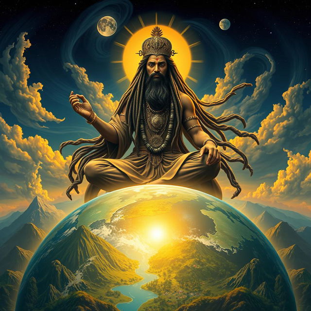 An ancient god with long, flowing dreadlocks, radiating an aura of power and wisdom, sits majestically above the Earth