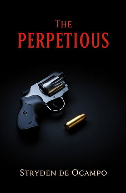 A book cover design for 'The Perpetuous' by Stryden de Ocampo featuring a sleek, modern revolver positioned elegantly on a dark, textured surface