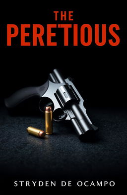 A book cover design for 'The Perpetuous' by Stryden de Ocampo featuring a sleek, modern revolver positioned elegantly on a dark, textured surface