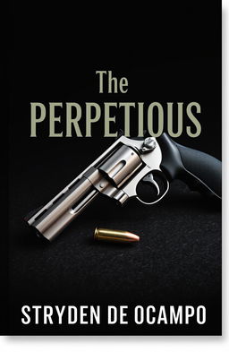 A book cover design for 'The Perpetuous' by Stryden de Ocampo featuring a sleek, modern revolver positioned elegantly on a dark, textured surface