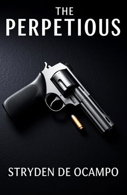 A book cover design for 'The Perpetuous' by Stryden de Ocampo featuring a sleek, modern revolver positioned elegantly on a dark, textured surface