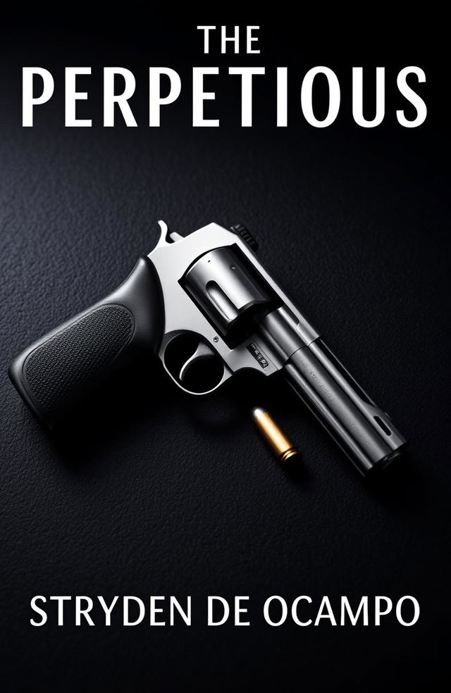 A book cover design for 'The Perpetuous' by Stryden de Ocampo featuring a sleek, modern revolver positioned elegantly on a dark, textured surface