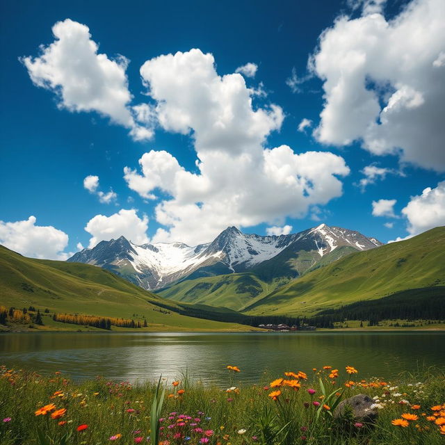 A breathtaking natural landscape featuring lush green hills and a bright blue sky filled with fluffy white clouds