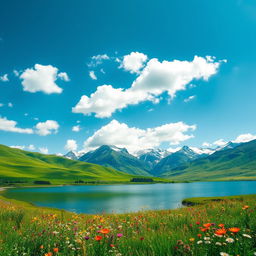 A breathtaking natural landscape featuring lush green hills and a bright blue sky filled with fluffy white clouds