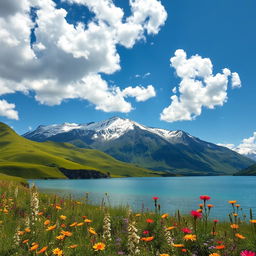 A breathtaking natural landscape featuring lush green hills and a bright blue sky filled with fluffy white clouds