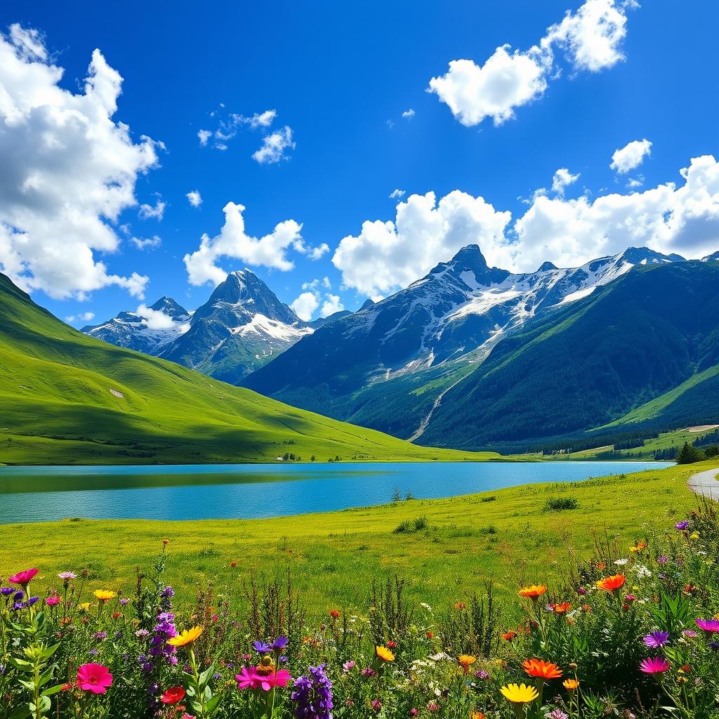 A breathtaking natural landscape featuring lush green hills and a bright blue sky filled with fluffy white clouds