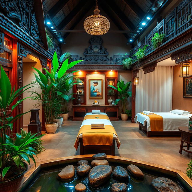 A beautifully designed Thai massage salon featuring traditional Thai architecture